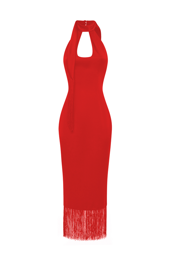 rasario Satin midi dress with fringe trim red 120DD003 – RASARIO