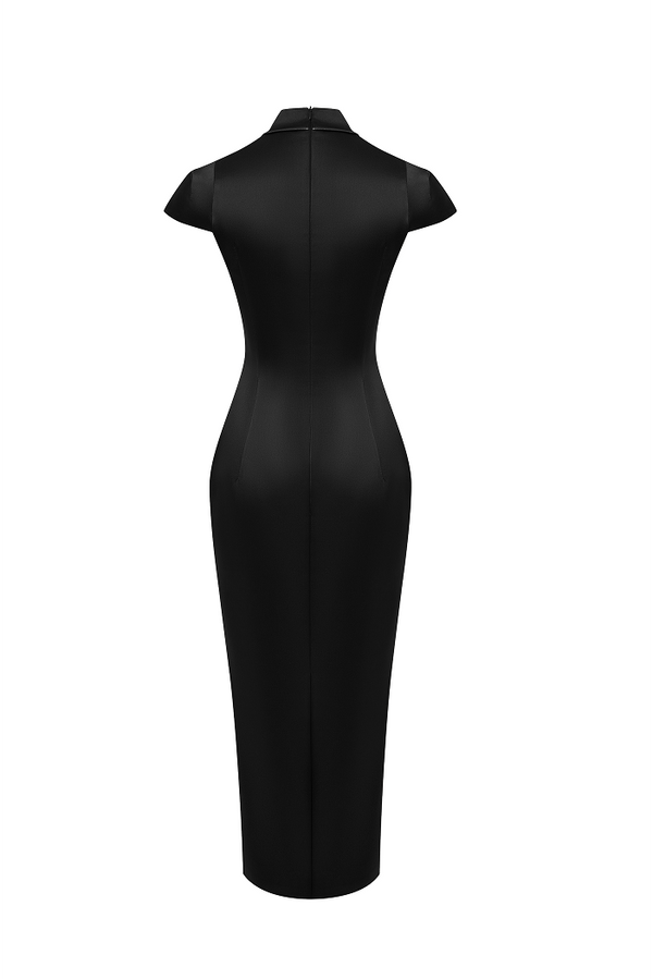 Rasario Satin Midi Dress With Piping Trim Black 123DD001 – RASARIO