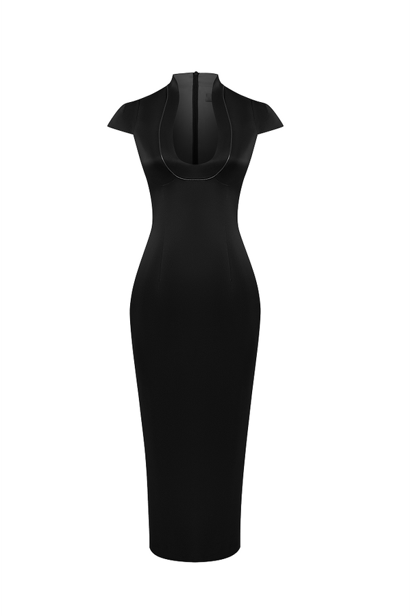 rasario Satin midi dress with piping trim black 123DD001 – RASARIO