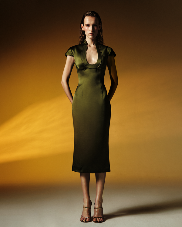 Rasario Satin Midi Dress With Piping Trim Olive 123DD078 – RASARIO