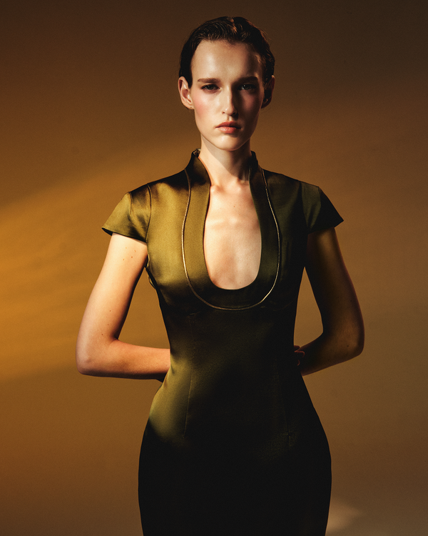 Rasario Satin Midi Dress With Piping Trim Olive 123DD078 – RASARIO