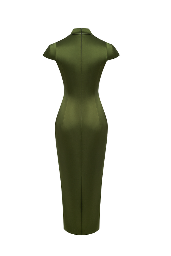 Rasario Satin Midi Dress With Piping Trim Olive 123DD078 – RASARIO