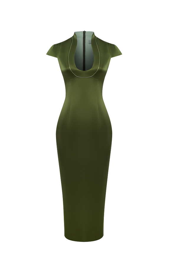 rasario Satin midi dress with piping trim olive 123DD078 – RASARIO