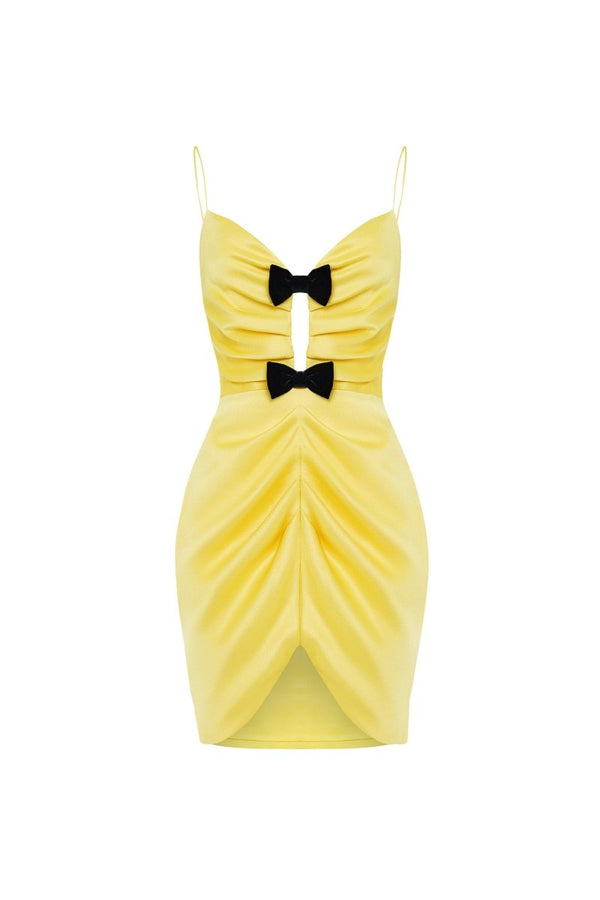 rasario Satin mini dress with velvet bows and cutouts yellow 061DN005 – RASARIO