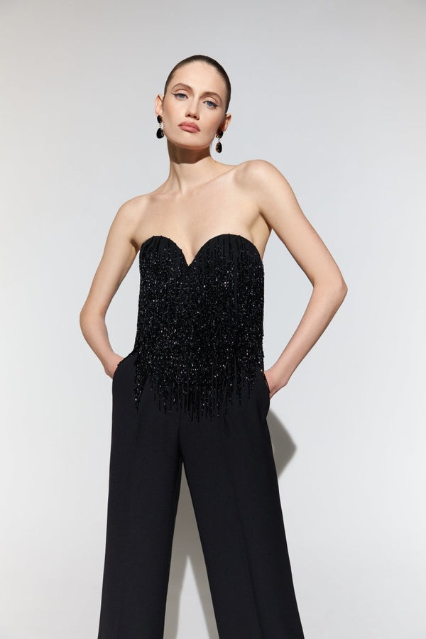 Rasario Sequined Crepe Corset Top With Beaded Fringe With Fringe Black F067A010 – RASARIO