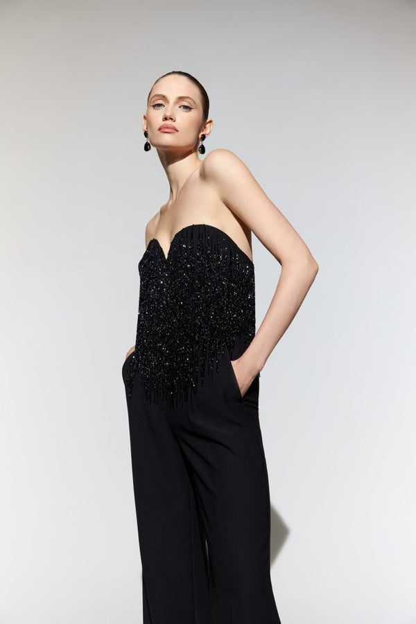 Rasario Sequined Crepe Corset Top With Beaded Fringe With Fringe Black F067A010 – RASARIO