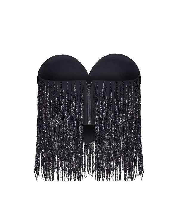 Rasario Sequined Crepe Corset Top With Beaded Fringe With Fringe Black F067A010 – RASARIO