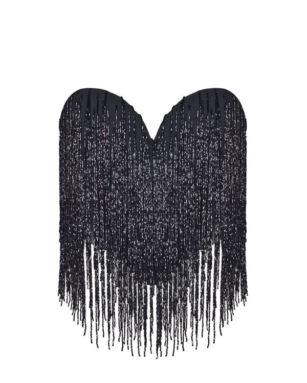 rasario Sequined crepe corset top with beaded fringe with fringe black F067A010 – RASARIO