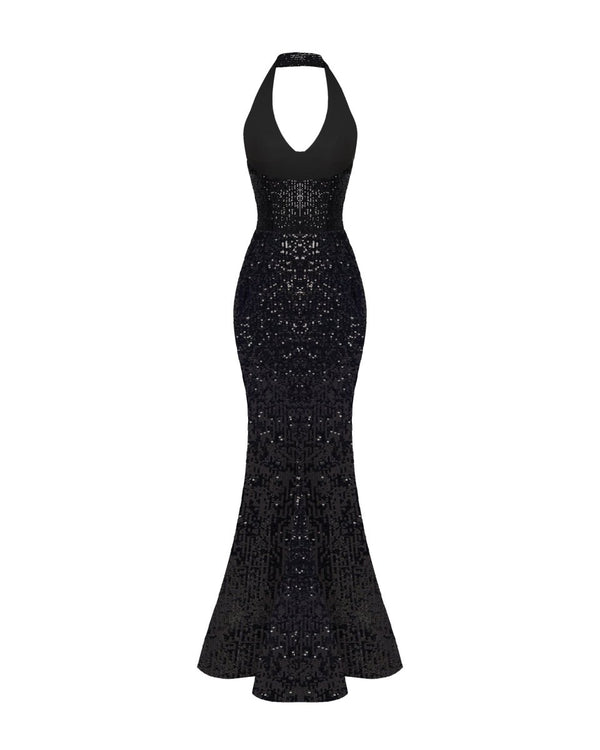 Rasario Sequined Maxi Dress With Train Black S048X010 – RASARIO