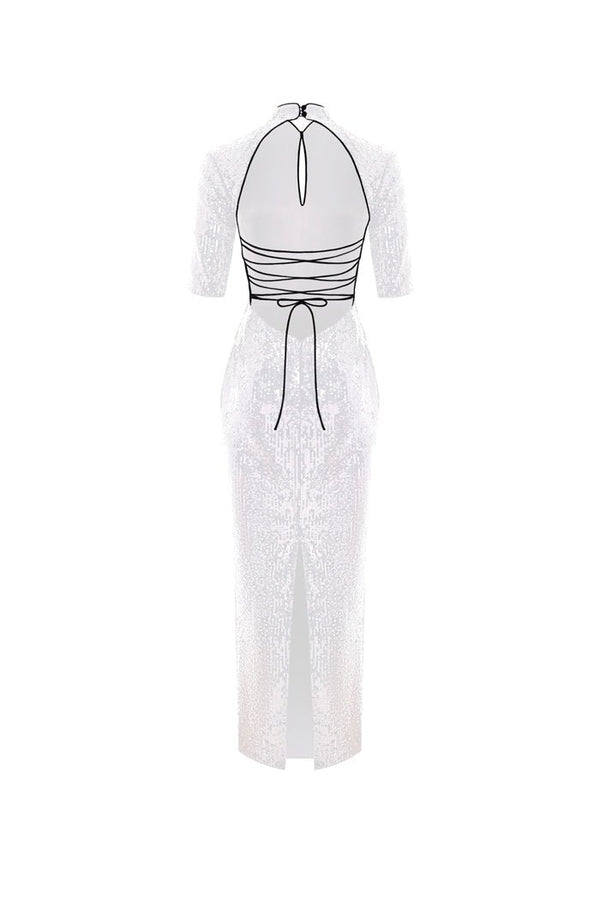 Rasario Sequinned Long Midi Dress With An Opened Back And Cutout White S054M020 – RASARIO