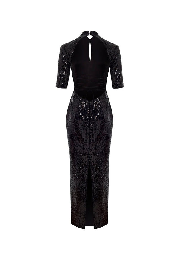 Rasario Sequinned Long Midi Dress With An Opened Back And Cutout Black S054M010 – RASARIO