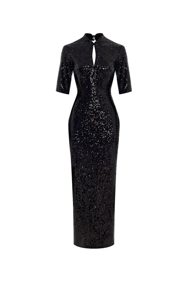 rasario Sequinned long midi dress with an opened back and cutout black S054M010 – RASARIO