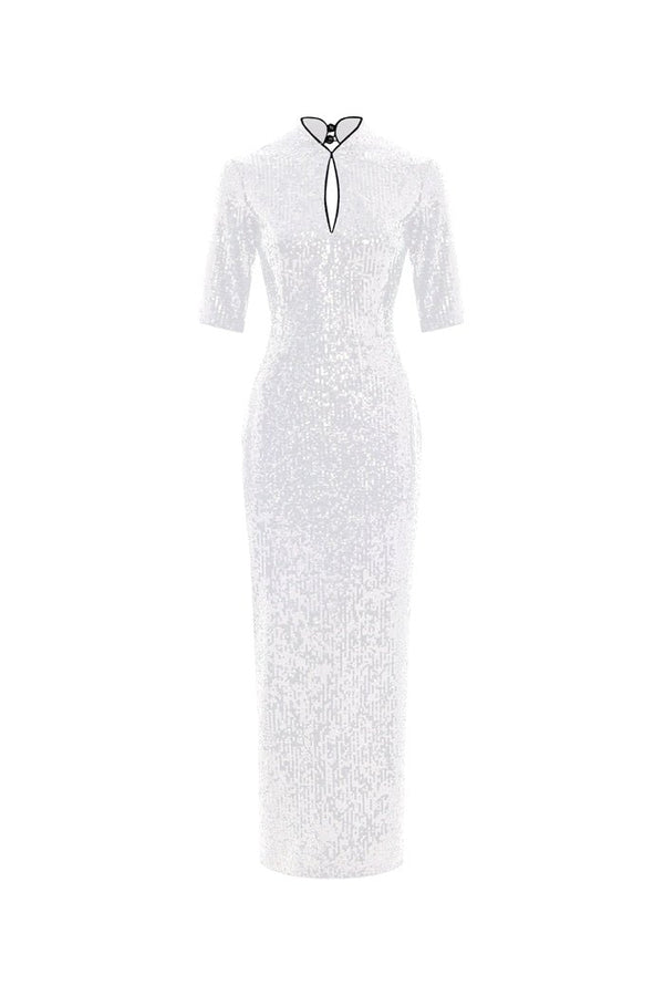 rasario Sequinned long midi dress with an opened back and cutout white S054M020 – RASARIO