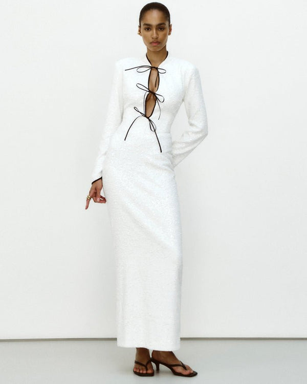 Rasario Sequinned Long Midi Dress With Cutouts And Opened Back White S019M020 – RASARIO