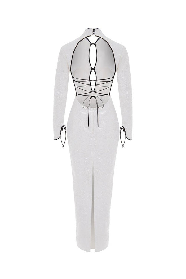 Rasario Sequinned Long Midi Dress With Cutouts And Opened Back White S019M020 – RASARIO