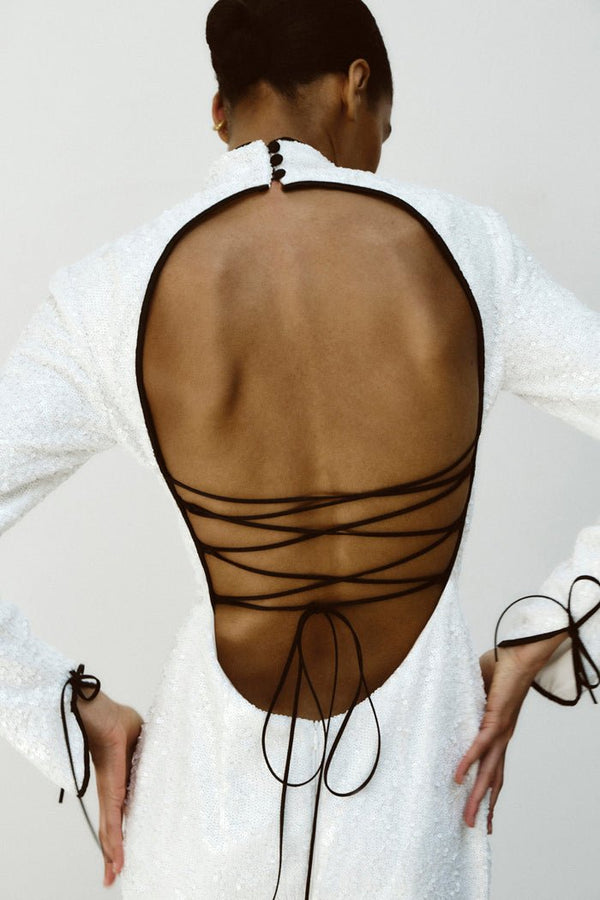 Rasario Sequinned Long Midi Dress With Cutouts And Opened Back White S019M020 – RASARIO