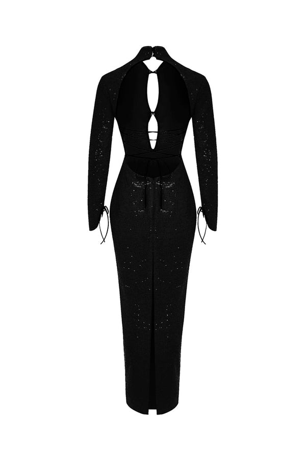 Rasario Sequinned Long Midi Dress With Cutouts And Opened Back Black S019M010 – RASARIO