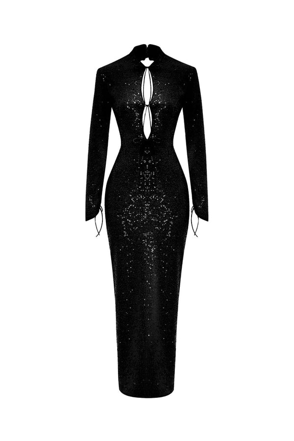 rasario Sequinned long midi dress with cutouts and opened back black S019M010 – RASARIO