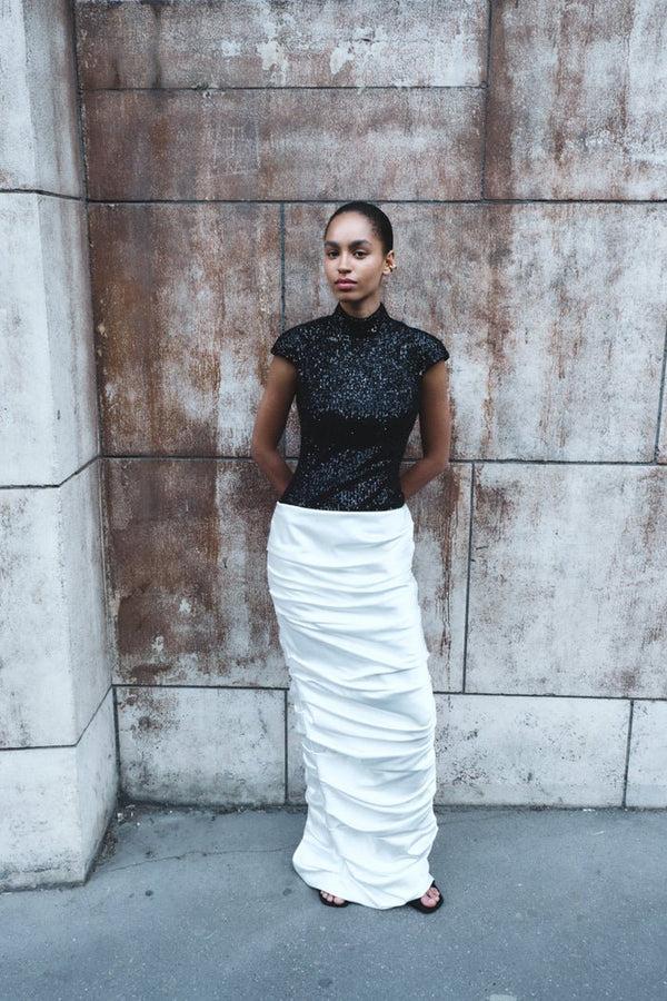 Rasario Sequinned Maxi Dress With A Draped Skirt Black/white S011X120 – RASARIO