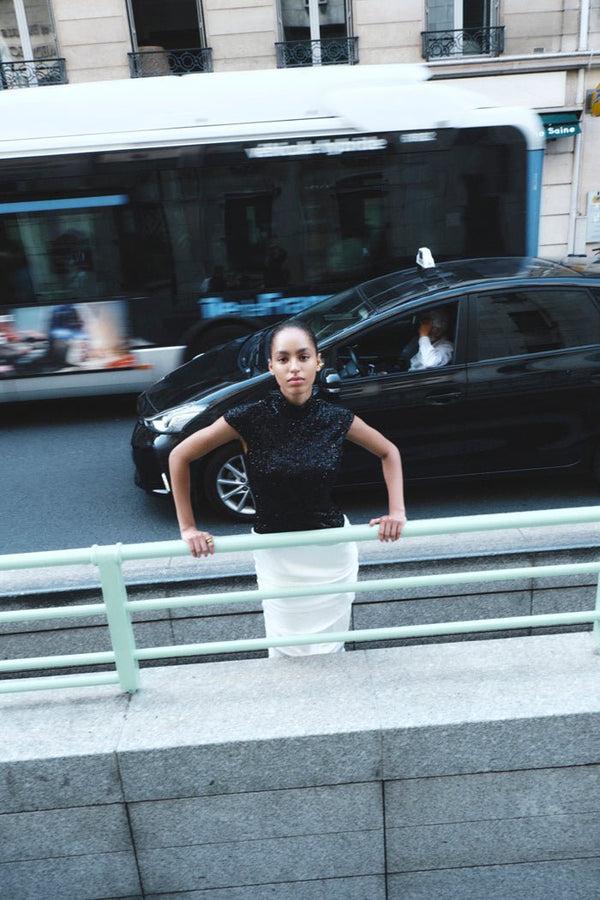 Rasario Sequinned Maxi Dress With A Draped Skirt Black/white S011X120 – RASARIO