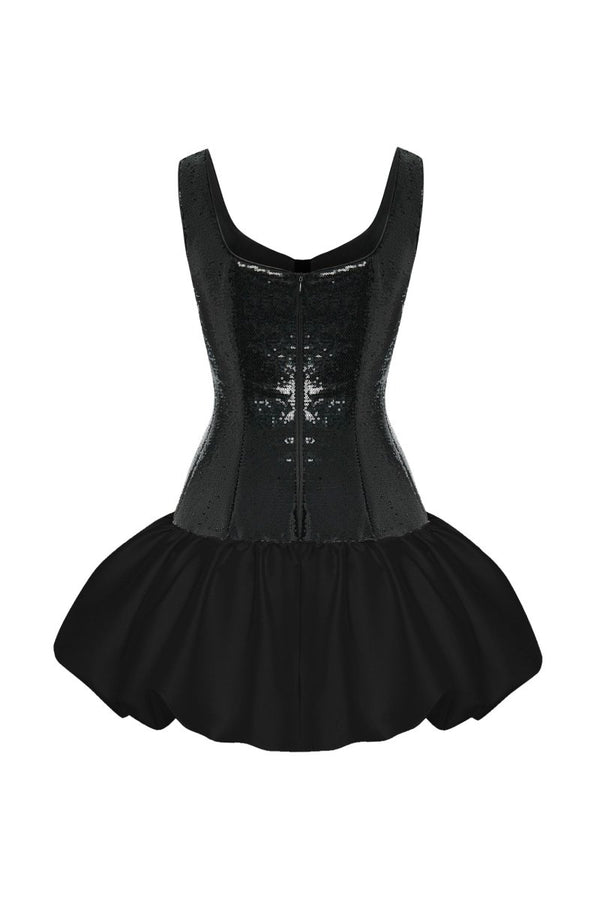 Rasario Sequinned Satin Mini Dress With Voluminous Skirt Black 076DN001 – RASARIO