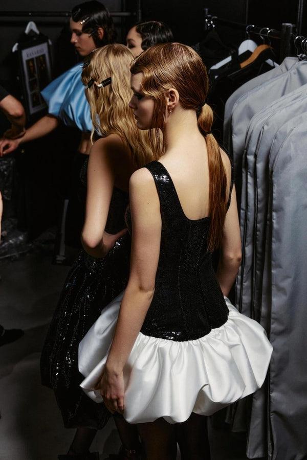 Rasario Sequinned Satin Mini Dress With Voluminous Skirt Black 076DN001 – RASARIO