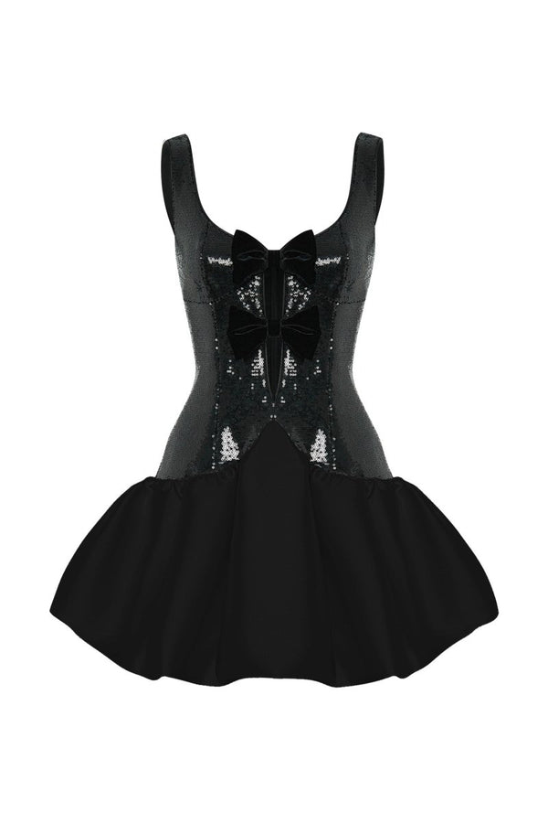 rasario Sequinned satin mini dress with voluminous skirt black 076DN001 – RASARIO
