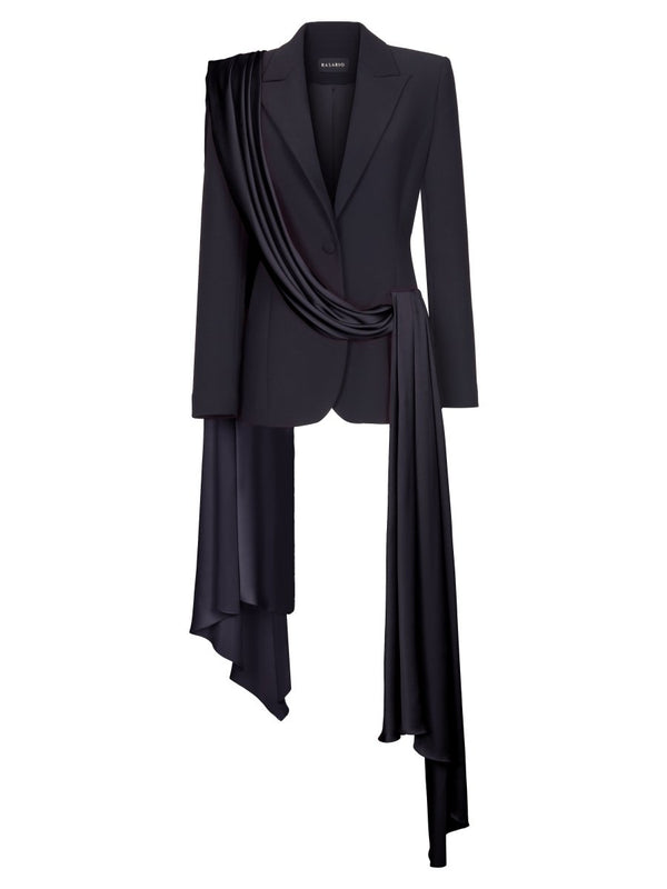 rasario Single-breasted draped crepe and satin blazer with train black F084A010 – RASARIO