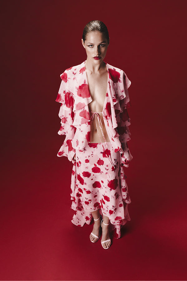 Rasario Two-layered Printed Chiffon Maxi Skirt Pink 071SX009 – RASARIO