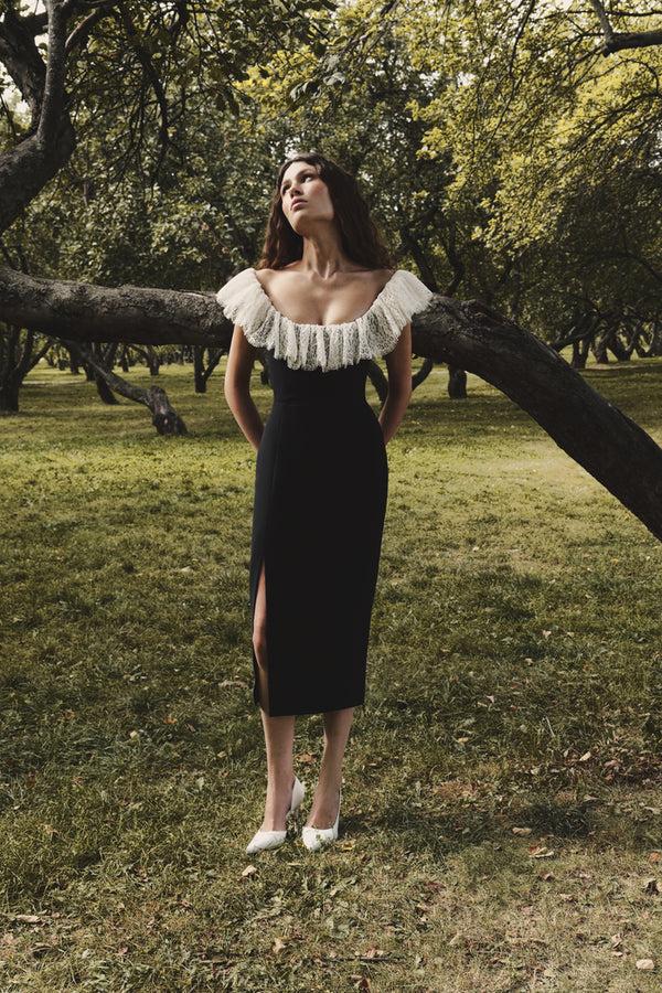 Rasario Velvet And Lace Midi Dress Black/white 105DD001 – RASARIO