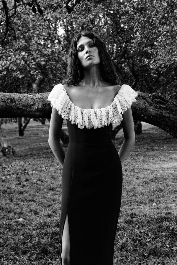 Rasario Velvet And Lace Midi Dress Black/white 105DD001 – RASARIO