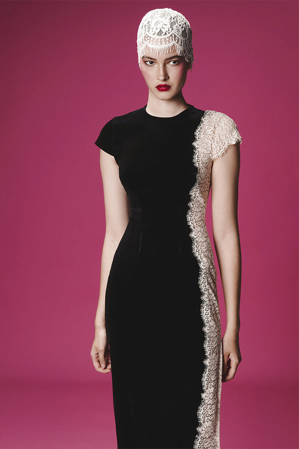 Rasario Velvet And Lace Midi Dress With A Side Slit Black/white 022DD012 – RASARIO