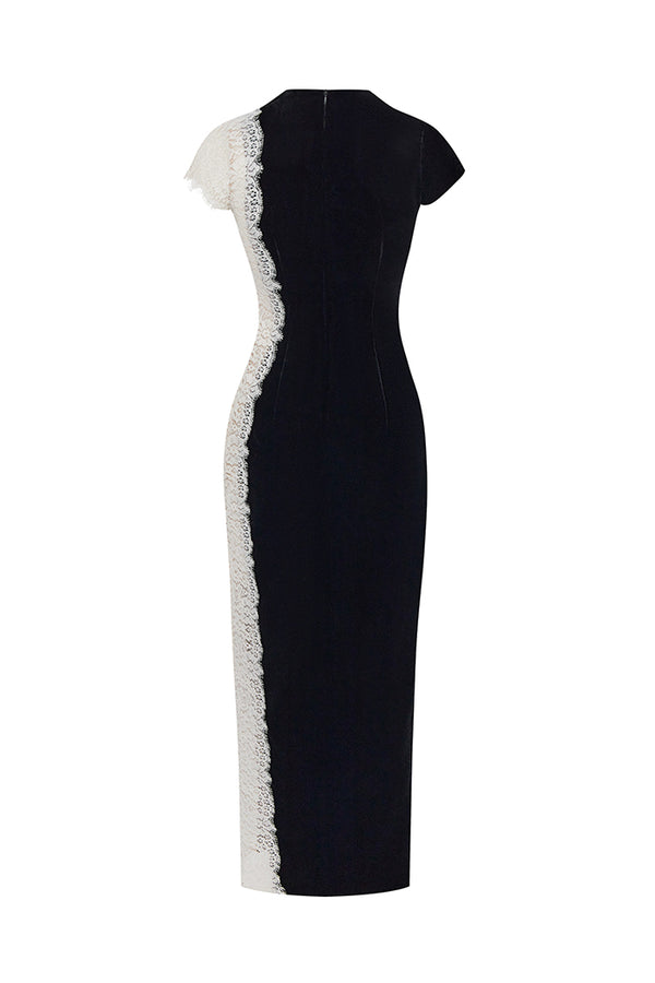 Rasario Velvet And Lace Midi Dress With A Side Slit Black/white 022DD012 – RASARIO