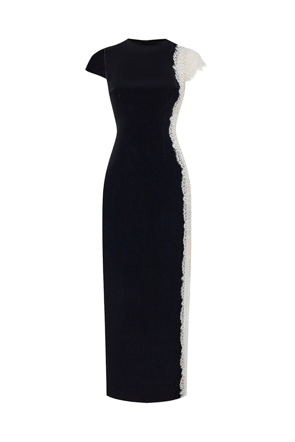 rasario Velvet and lace midi dress with a side slit black/white 022DD012 – RASARIO