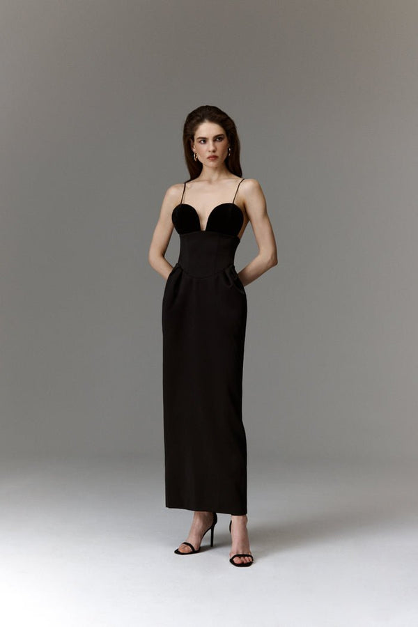 Rasario Velvet And Satin Corset Long Midi Dress Black F116M010 – RASARIO