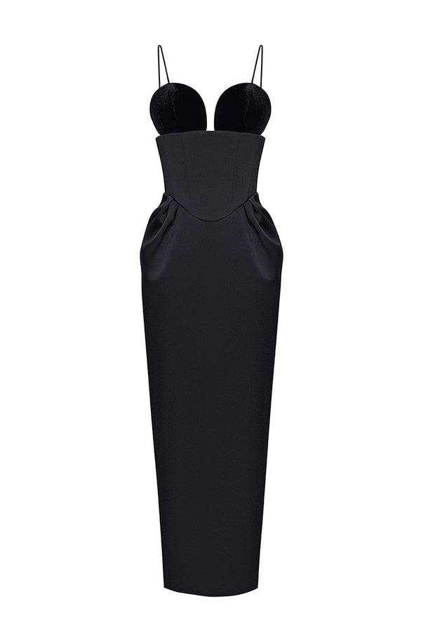 rasario Velvet and satin corset long midi dress black F116M010 – RASARIO