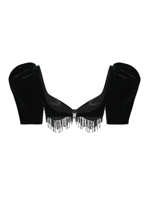 Rasario Velvet Cropped Fringed Top With Voluminous Sleeves Black 087TP001 – RASARIO