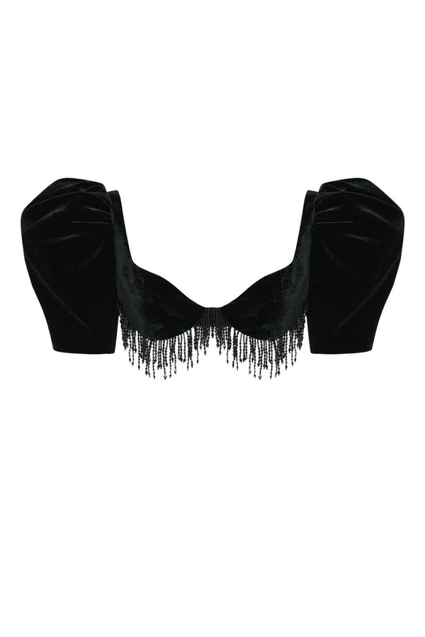 rasario Velvet cropped fringed top with voluminous sleeves black 087TP001 – RASARIO