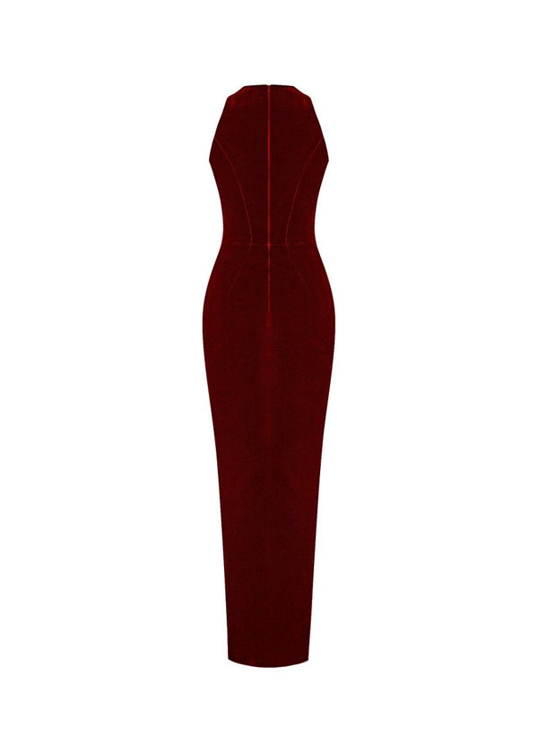 Rasario Velvet Draped Midi Dress With A Side Slit Burgundy 033DD013 – RASARIO