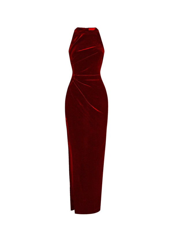 rasario Velvet draped midi dress with a side slit burgundy 033DD013 – RASARIO