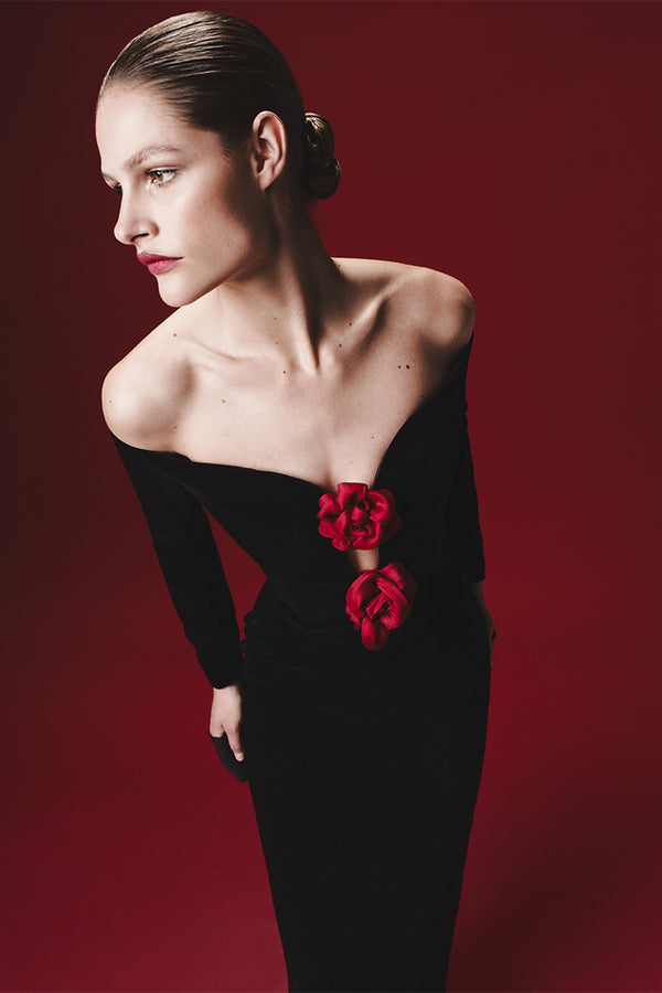 Rasario Velvet Midi Dress With Chiffon Red Flowers Black 037DD001 – RASARIO