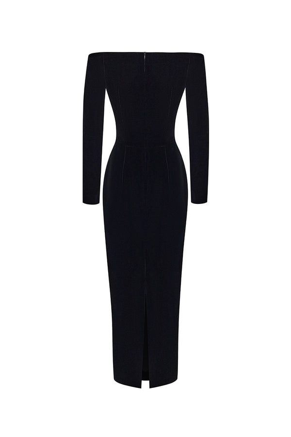 Rasario Velvet Midi Dress With Chiffon Red Flowers Black 037DD001 – RASARIO