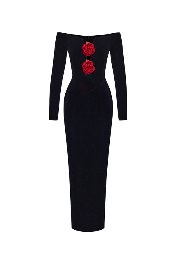 rasario Velvet midi dress with chiffon red flowers black 037DD001 – RASARIO