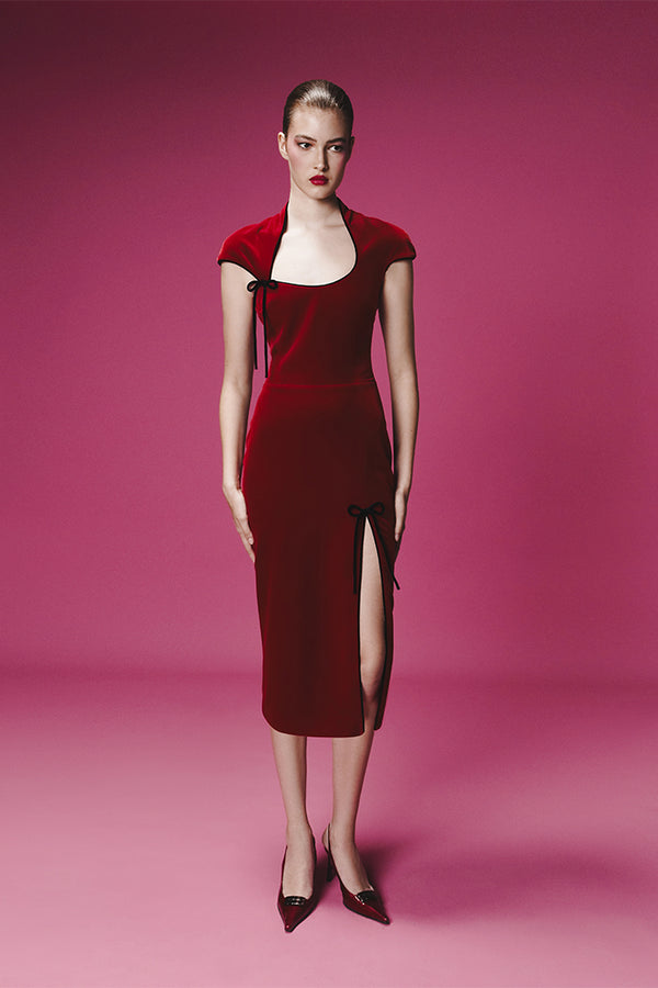 Rasario Velvet Midi Dress With Ties Red 041DD003 – RASARIO