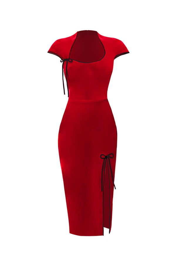 rasario Velvet midi dress with ties red 041DD003 – RASARIO
