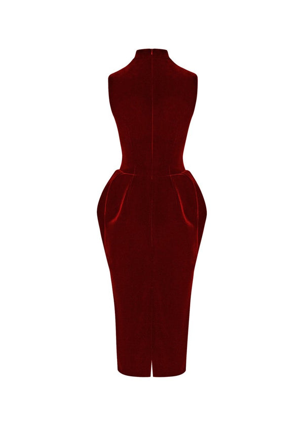 Rasario Velvet Midi Dress With Voluminous Skirt Burgundy 025DD013 – RASARIO