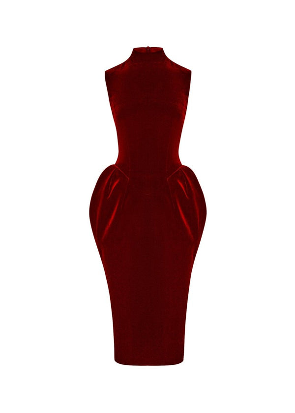 rasario Velvet midi dress with voluminous skirt burgundy 025DD013 – RASARIO