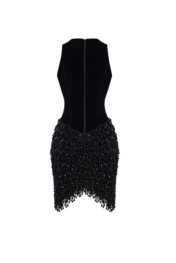 Rasario Velvet Mini Dress With Fringe Trim Black 048DN001 – RASARIO