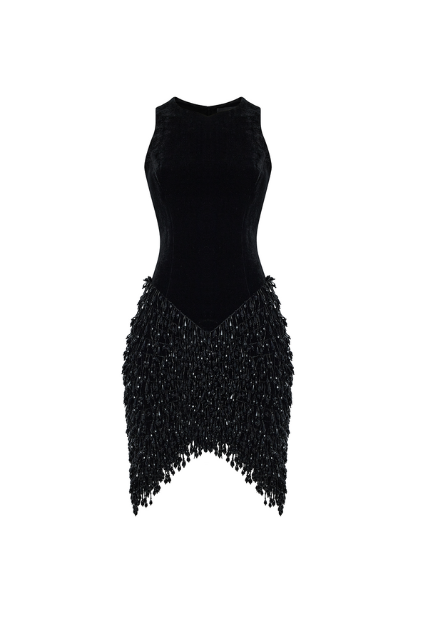 rasario Velvet mini dress with fringe trim black 048DN001 – RASARIO