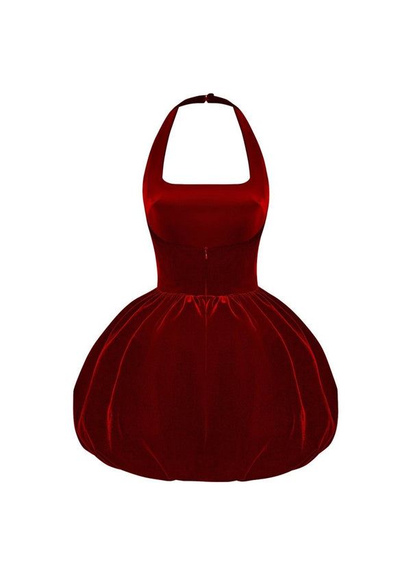 Rasario Velvet Mini Dress With Voluminous Skirt Burgundy 035DN013 – RASARIO